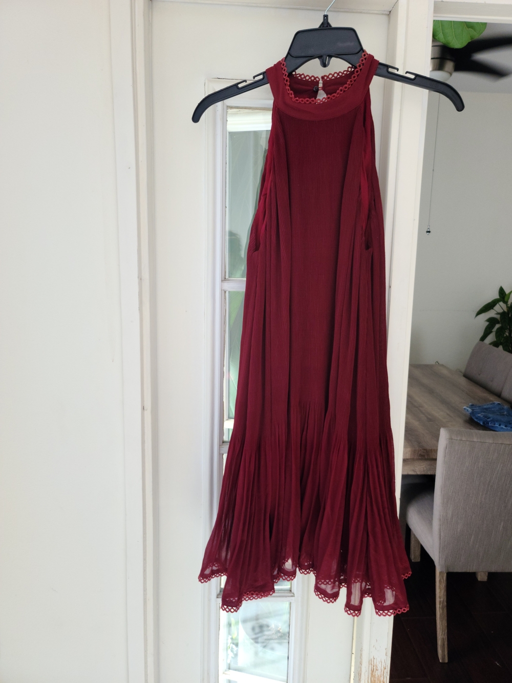 Lulu's Burgundy Halter Pleated Midi Dress with Lace Trim